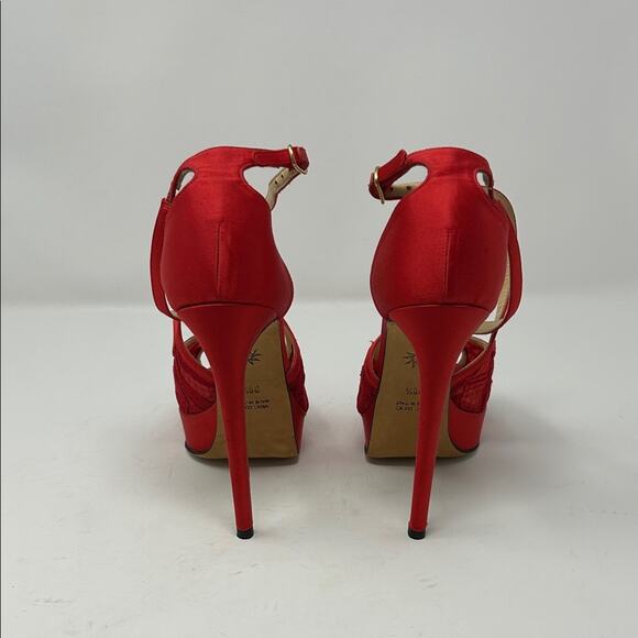 Marchesa Red Lace Satin Party Peep Toe Heels Pumps Size 38.5 0059 - Picture 9 of 10